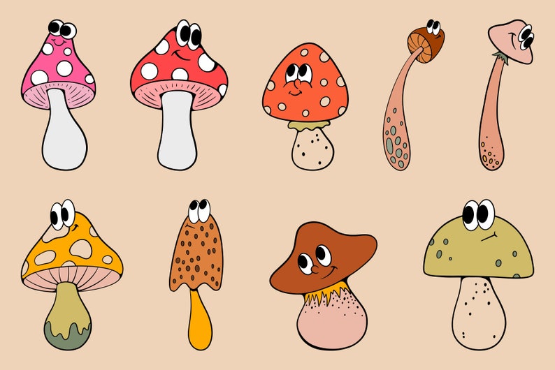 May include: Nine cartoon mushrooms with different colors, patterns, and facial expressions. The mushrooms have white, red, orange, brown, and green caps. Some mushrooms have white spots, while others have brown spots. The mushrooms have smiling faces with big eyes.