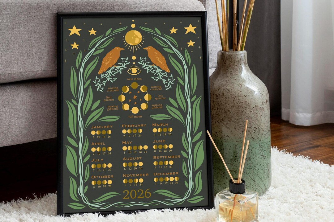 Dark Lunar Moon Phase Calendar 2026 | Black Celestial Wall Art Digital ...