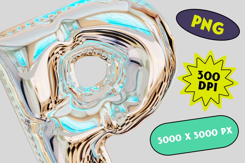May include: A shiny, metallic gold balloon in the shape of the letter "P". The balloon has a blue and white iridescent sheen. The balloon is isolated against a white background.