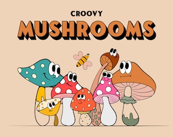 Retro Mushroom Cartoon Clipart, Groovy 70s SVG PNG (Digital Download)