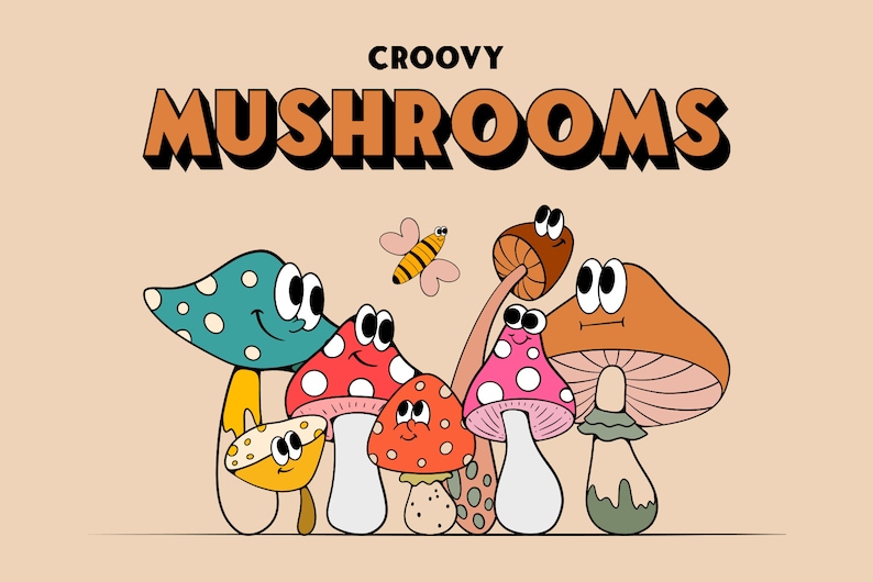 May include: A group of cartoon mushrooms with googly eyes and smiling faces. The mushrooms are in various colors, including red, pink, blue, and orange. The text "CROOVY MUSHROOMS" is at the top of the image.