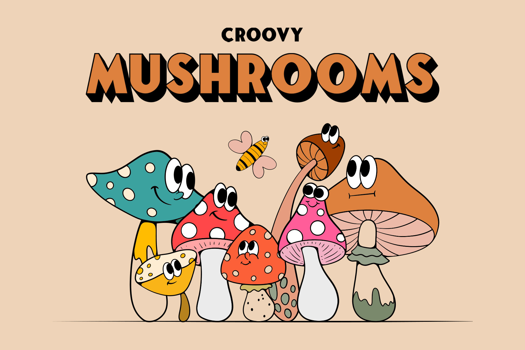 Mushroom Cartoon Character Design Digital Download, Retro Groovy ...