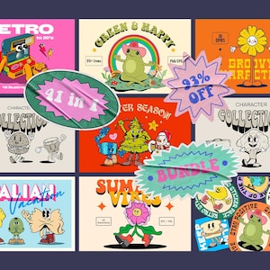 Retro SVG Bundle Cartoon Characters, Cottage Core PNG Clipart Digital Download, 70's Groovy Clipart, Rainbow, Burger, IceCreame, Smiley Face