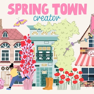 May include: Illustration of a spring town scene with buildings, flowers, and a kite. The text "SPRING TOWN creator" is at the top. A person roller skates in front of a pink and red building. A cafe is on the right.