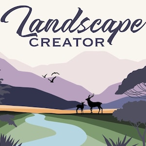 May include: A digital illustration of a landscape with purple mountains, a winding blue river, green grass, and two deer in the foreground. The text "Landscape Creator" is at the top of the image.