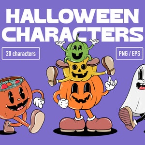 Retro Hallloween Clipart PNG/SVG Digital Download, Pumpkin, Skull And Spooky Clipart, Ghost And Evil Eye PNG, Funny Retro  Cartoon Faces