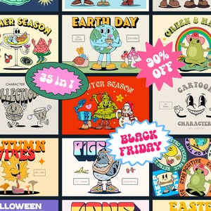 Retro SVG Bundle Cartoon Characters, Cottage Core PNG Clipart Digital Download, 70's Groovy Clipart, Rainbow, Burger, IceCreame, Smiley Face