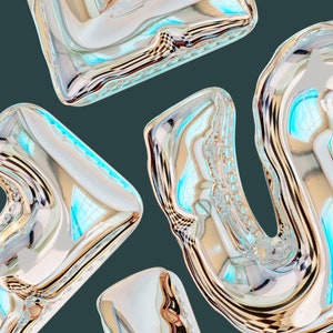 May include: Abstract shapes made of shiny, metallic material with a blue and gold iridescent finish.