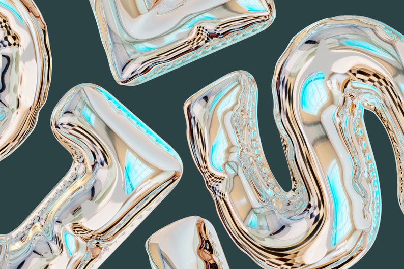May include: Abstract shapes made of shiny, metallic material with a blue and gold iridescent finish.