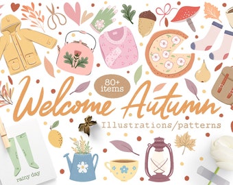 Autumn Clipart Set, Fall Leaves, Pumpkins, Cozy Graphics (Digital Download)