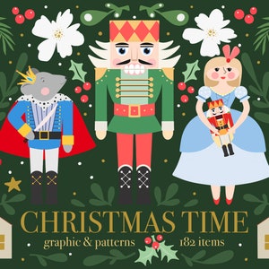 Peut inclure: Une illustration graphique vert foncé montrant un casse-noisette, un roi souris en manteau bleu avec une cape rouge, et un personnage en robe bleu clair tenant un petit casse-noisette. Le texte indique CHRISTMAS TIME graphic & patterns 182 items.