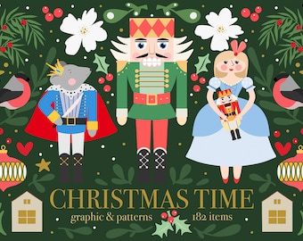 Retro Christmas Clipart Bundle, Nutcracker, Santa, Tree (Digital Download)