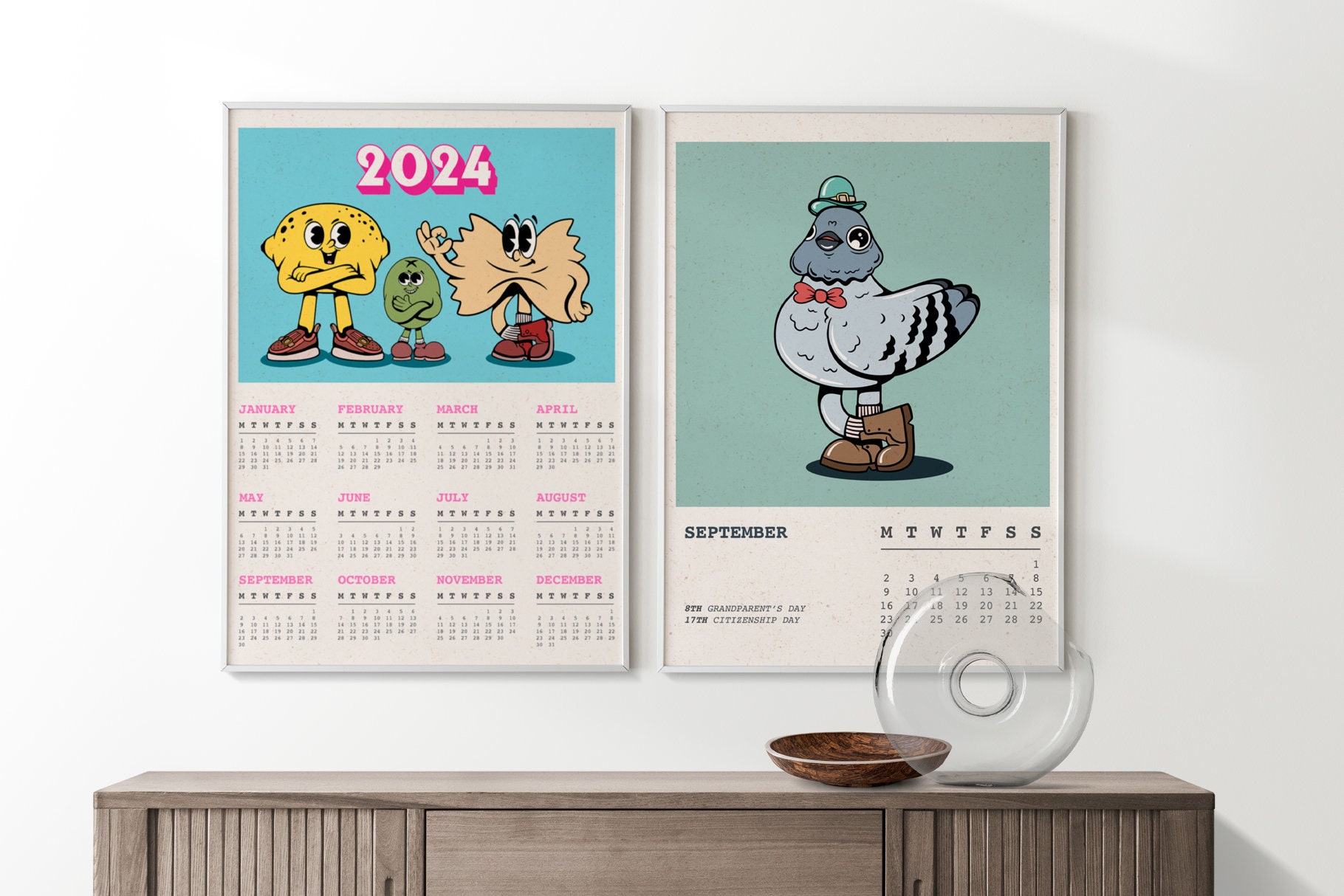 Calendar template for 2024. Vertical cartoon layout. Retro hearts