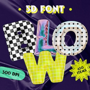 Handgeschreven 3D vet lettertype Y2K esthetische neon holografische citroen roze Polka Dot zilver zwart digitale download, PNG letters, Bubble Groovy lettertype