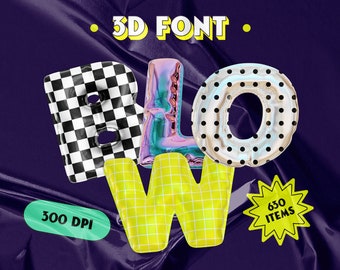 May include: A digital graphic featuring the text 3D FONT in white with yellow outlines. Below, the word BLOW is displayed in inflated, balloon-like letters: B with a black and white checkerboard pattern, L with a metallic iridescent finish, O with black polka dots, and W with a yellow grid pattern. A green oval badge reads 300 DPI, and a yellow starburst shape reads 630 ITEMS.