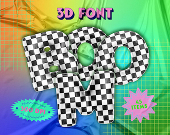May include: A digital graphic featuring the text 3D FONT at the top and the word BOOM in large, inflated, black and white chequered letters. Two small starburst shapes include the text 300 DPI and 45 ITEMS against a rainbow gradient background.