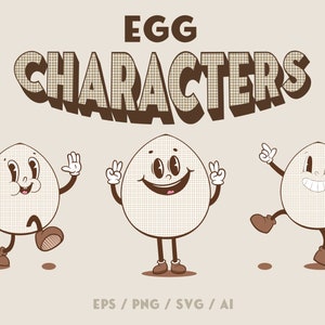 Retro Easter Egg Characters Cartoon Collection Digital Download, Groovy 60s 70s 90s vintage Illustration, Spring Vector Files, Mascot Faces