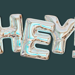 May include: The word "HEY!" spelled out in silver foil balloons with a blue and white iridescent sheen.