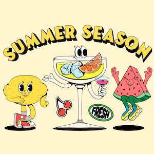 Rétro PNG Summer Character Clipart Digital Download, Pastèque, Crème glacée, Ananas, Cocktails, Mascotte, Fraise, Citron, Hippie Boho 70s