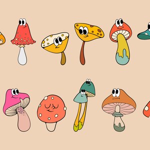 May include: A set of 12 cartoon mushrooms with various colors, patterns, and facial expressions. The mushrooms are drawn in a whimsical style with big eyes and smiling faces.