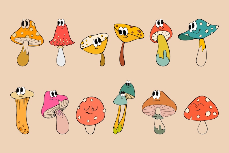 May include: A set of 12 cartoon mushrooms with various colors, patterns, and facial expressions. The mushrooms are drawn in a whimsical style with big eyes and smiling faces.