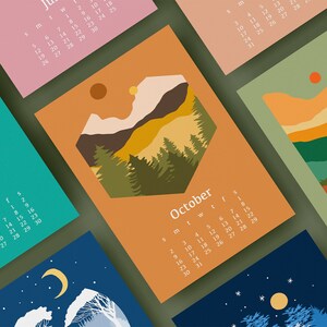 May include: A set of colorful calendar cards with illustrations of mountains, a sailboat, a moon, and stars. Each card features a different month of the year, with the month name printed in white text.