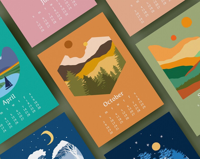 May include: A set of colorful calendar cards with illustrations of mountains, a sailboat, a moon, and stars. Each card features a different month of the year, with the month name printed in white text.