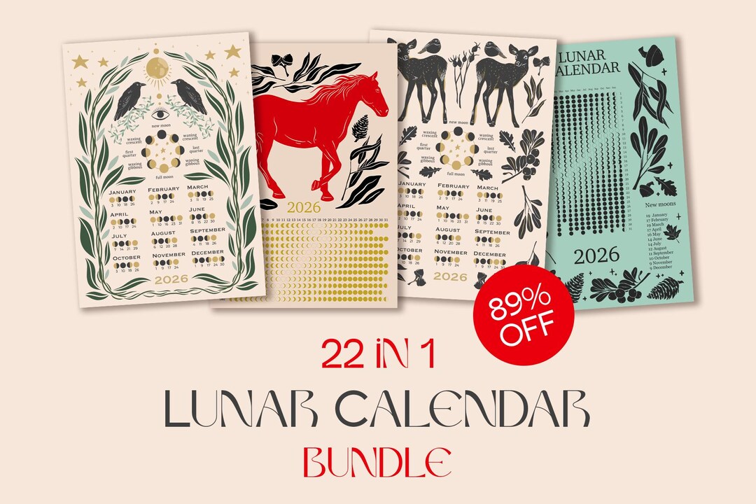 Lunar Calendar Bundle 2026 | 22 Moon Phase Designs, Printable Wall Art ...