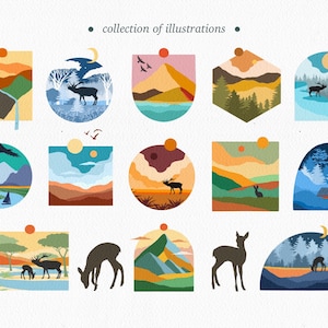 May include: A collection of 12 digital illustrations featuring various landscapes with mountains, trees, and animals. The illustrations are in a minimalist style with muted colors and geometric shapes.