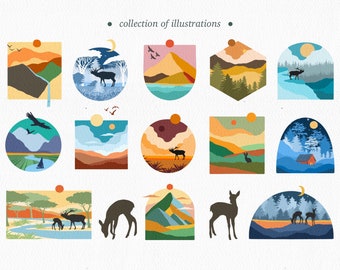 Modern abstract clipart, Boho clipart, Landscape illustrations digital download