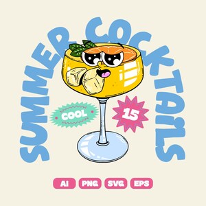 Descarga digital de imágenes prediseñadas de cócteles retro: Espresso Martini, Tequila Margarita, Aperol Spritz, Negroni, Mojito, Cosmopolitan y Daiquiri.