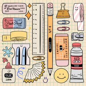 May include: A collection of illustrated school supplies including a pencil, eraser, ruler, paper clips, tape, and glue. The pencil is labeled "No. 4 SOFT". The eraser is labeled "EMPIRE SOAP ERASER". The glue bottle is labeled "GLUE 200ML".