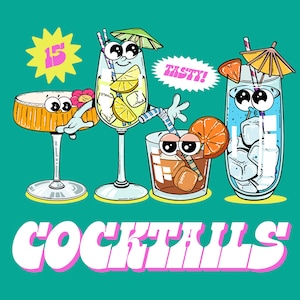 Download digitale di clipart cocktail retrò, cartone animato Espresso Martini, Tequila Margarita, Aperol Spritz, Negroni, Mojito, Cosmopolitan, Daiquiri