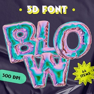 3D-lettertype Y2K esthetische neon holografische zilveren digitale download commercieel gebruik, PNG-letters, Bubble Groovy lettertype, handgeschreven neonletters