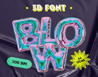 May include: A digital graphic set featuring the text 3D FONT and 44 ITEMS with the word BLOW rendered in iridescent, metallic, balloon-like letters. The letters display a reflective surface with shifting hues of pink, blue, and green.
