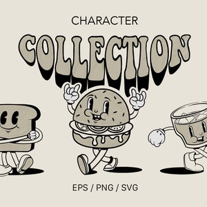 Retro Character Design SVG Clipart Digital Download, Commercial Use, Hippie Food And Drinks, Donut, Hot Dog, Burger, Coffee, Sausages, Toast