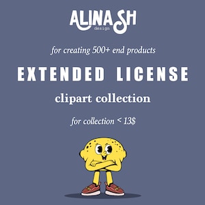 Könnte beinhalten: Eine gelbe Cartoon-Zitrone mit verschränkten Armen und roten Turnschuhen. Der Text "ALINASH design" befindet sich oben im Bild. Der Text "ERWEITERTE LIZENZ Clipart-Sammlung für Sammlung < 13 €" befindet sich unter der Zitrone.