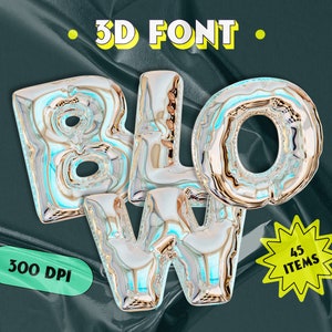 Czcionka 3D Y2K Estetyczna Srebrna Holograficzna Neonowa Cyfrowa Pobierz Komercyjne Wykorzystanie, Litery PNG, Czcionka Bubble Groovy, Ręcznie Pisane Srebrne Litery