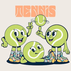 Tennis Ornament PNG SVG Clip Art Digital Download, Sport Ball Retro Character Design, Vintage Cartoon Character, Mascot Logo Template