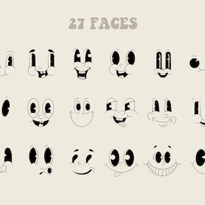 Retro Character Design PNG SVG Digital Download, 90s Groovy Cartoon Clipart, Hippie Illustration, Doodle Smile Faces SVG Clipart, Y2K, 70's