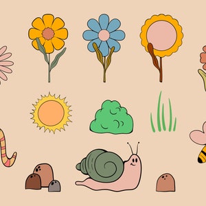 May include: A set of colorful illustrations featuring a sun, flowers, a snail, a worm, a bee, a bush, and rocks. The illustrations are drawn in a simple, cartoon style.