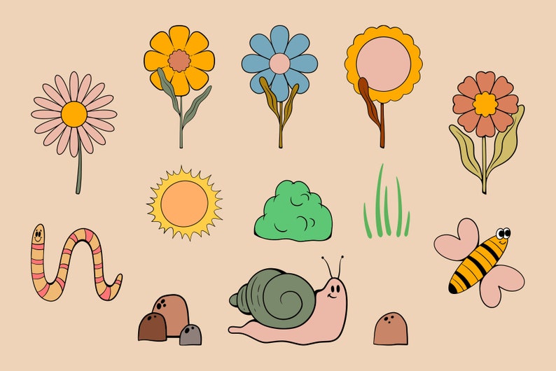 May include: A set of colorful illustrations featuring a sun, flowers, a snail, a worm, a bee, a bush, and rocks. The illustrations are drawn in a simple, cartoon style.