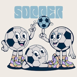 Vrouwen voetbal SVG PNG ClipArt digitale download, retro stripfiguurontwerp, sport clipart-schilderijen, sjabloon voetbal logo, voetbal moeder vader
