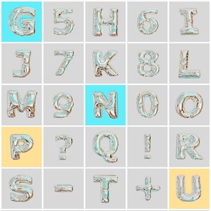 May include: A set of silver balloon letters and numbers, including the alphabet, numbers 1-9, and symbols such as a question mark, exclamation point, at sign, percent sign, and plus sign. The letters and numbers are arranged in a grid pattern on a grey background.