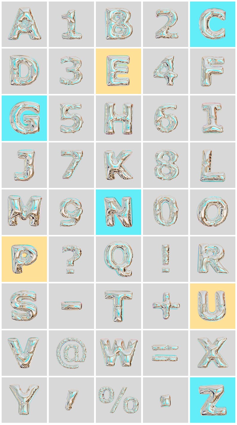 May include: A set of silver balloon letters and numbers, including the alphabet, numbers 1-9, and symbols such as a question mark, exclamation point, at sign, percent sign, and plus sign. The letters and numbers are arranged in a grid pattern on a grey background.