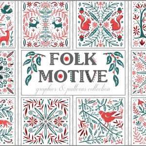 Arte popolare svedese - collezione di carta grafica e digitale, stile popolare scandinavo, illustrazioni disegnate a mano, clipart folk