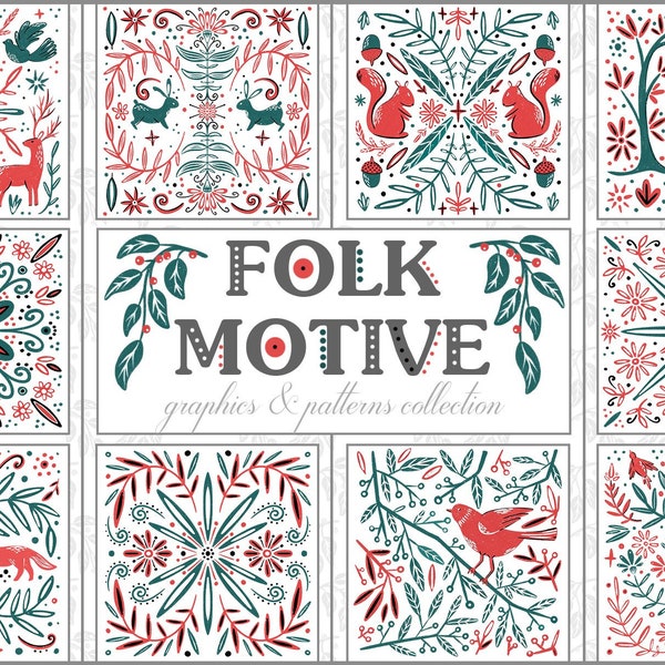 Swedish folk art - graphic and digital paper collection, Scandinavian folk style, hand drawn illustrations, Folk Clipart