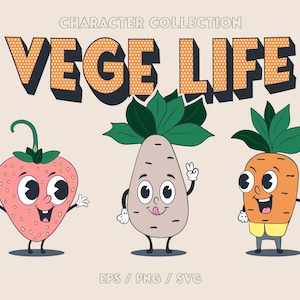 Retro Characters Design Clipart Digital Download, Funny Hippie Food Vegetables And Fruits, Vegan SVG PNG, Carrot, Broccoli, Avocado, Pumpkin