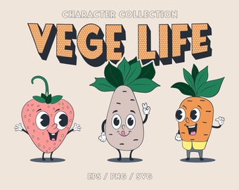 Retro Food Character Clipart, Funny Hippie Vegetables and Fruits (SVG, PNG)