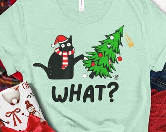 Funny Black Cat Christmas T-Shirt | Cat Knocking Over Tree Tee | Hilarious Xmas Shirt | Cat Lover Holiday Top | Funny Christmas Gift Idea